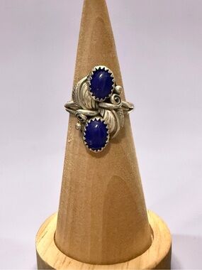 Sterling Silver Double Oval Lapis Blue Stone Leaf Ring